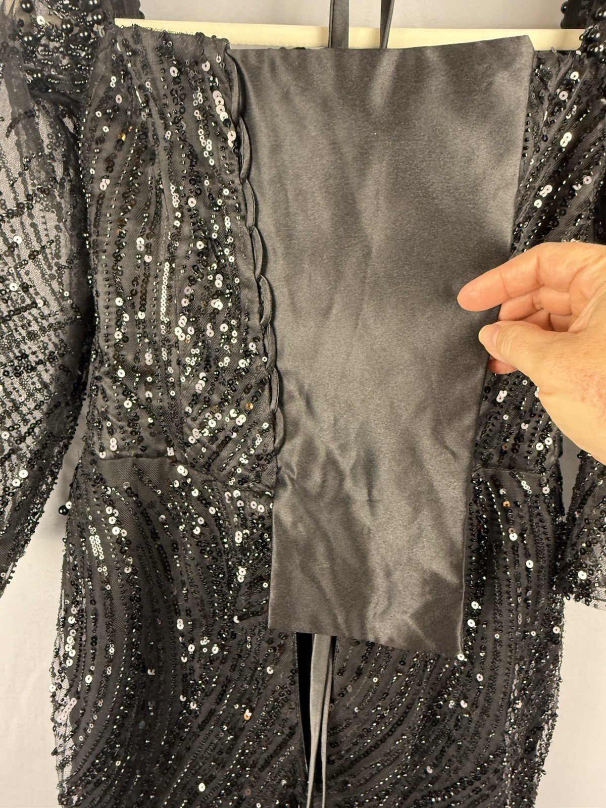 Black Beaded Sequin Sheer Midi Dress Lace Back Formal Party S Small