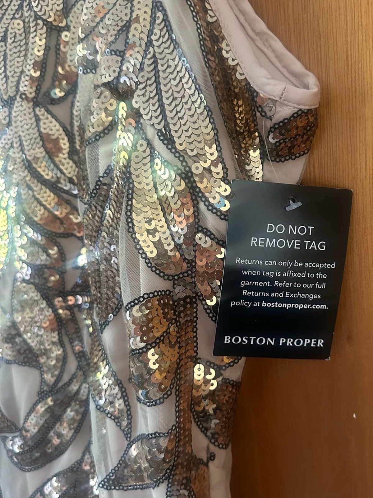 NWT Boston Proper High Neck Floral Sequin Sheath Dress – Gold/Beige – Size 14