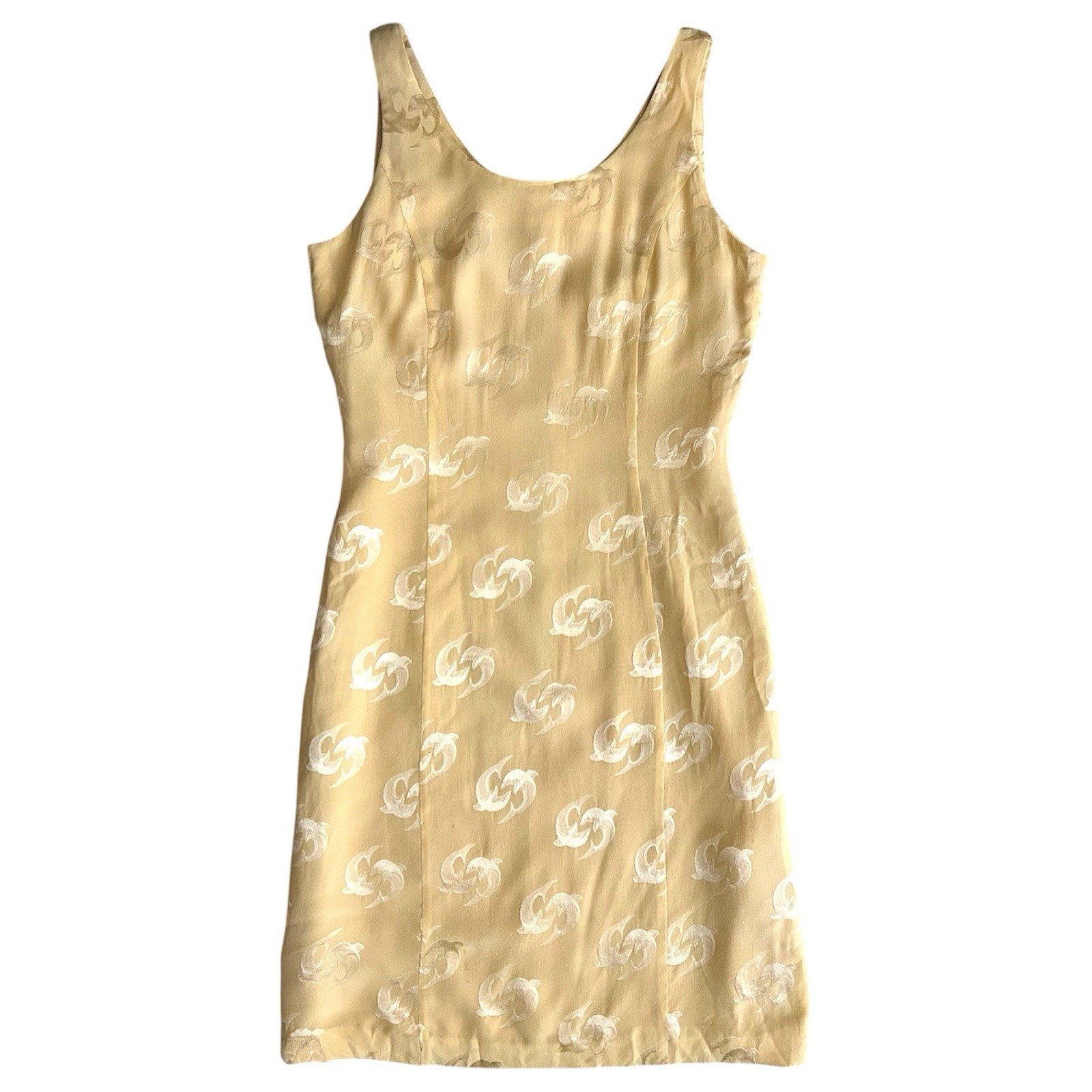VTG 90s Louis Feraud Silk Dolphin Motif Pale Yellow Metallic Mini Dress Sz 6