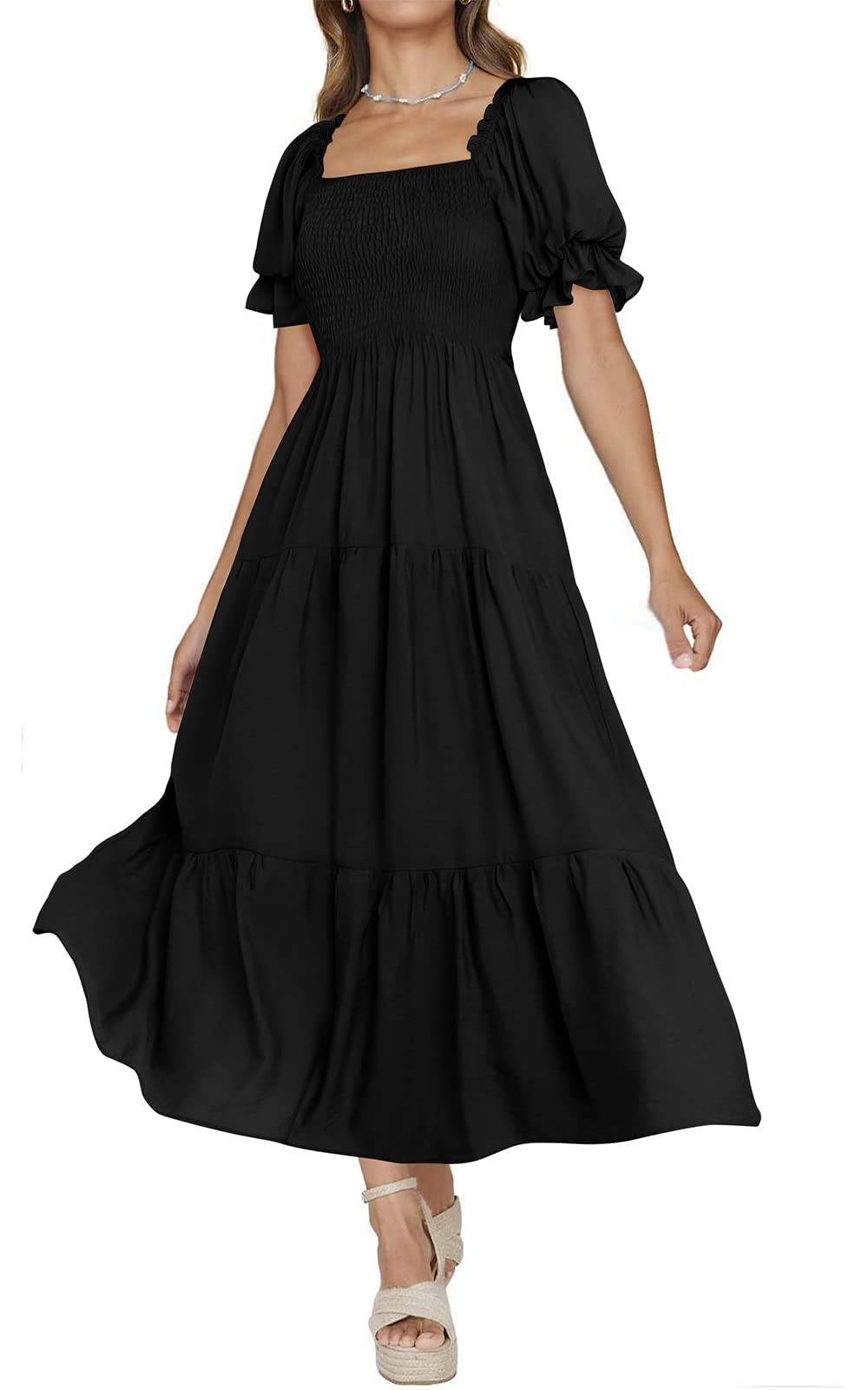 PRETTYGARDEN Women’s Plus Size Short Sleeve Smocked Ruffle Summer Dress Black XL
