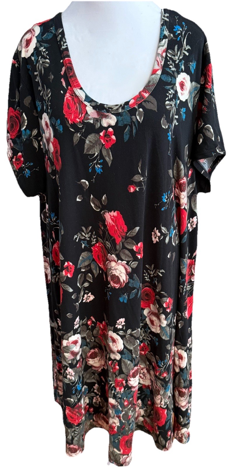 J FOR JUSTIFY Black Floral Red Roses Super Soft Swing T-Shirt Dress Plus Size 3x