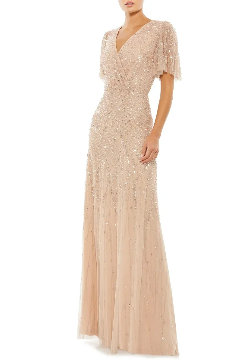 Mac Duggal 35109 Beaded Leaves Butterfly Sleeve Gown – Size 10 (FLK#1147 B)