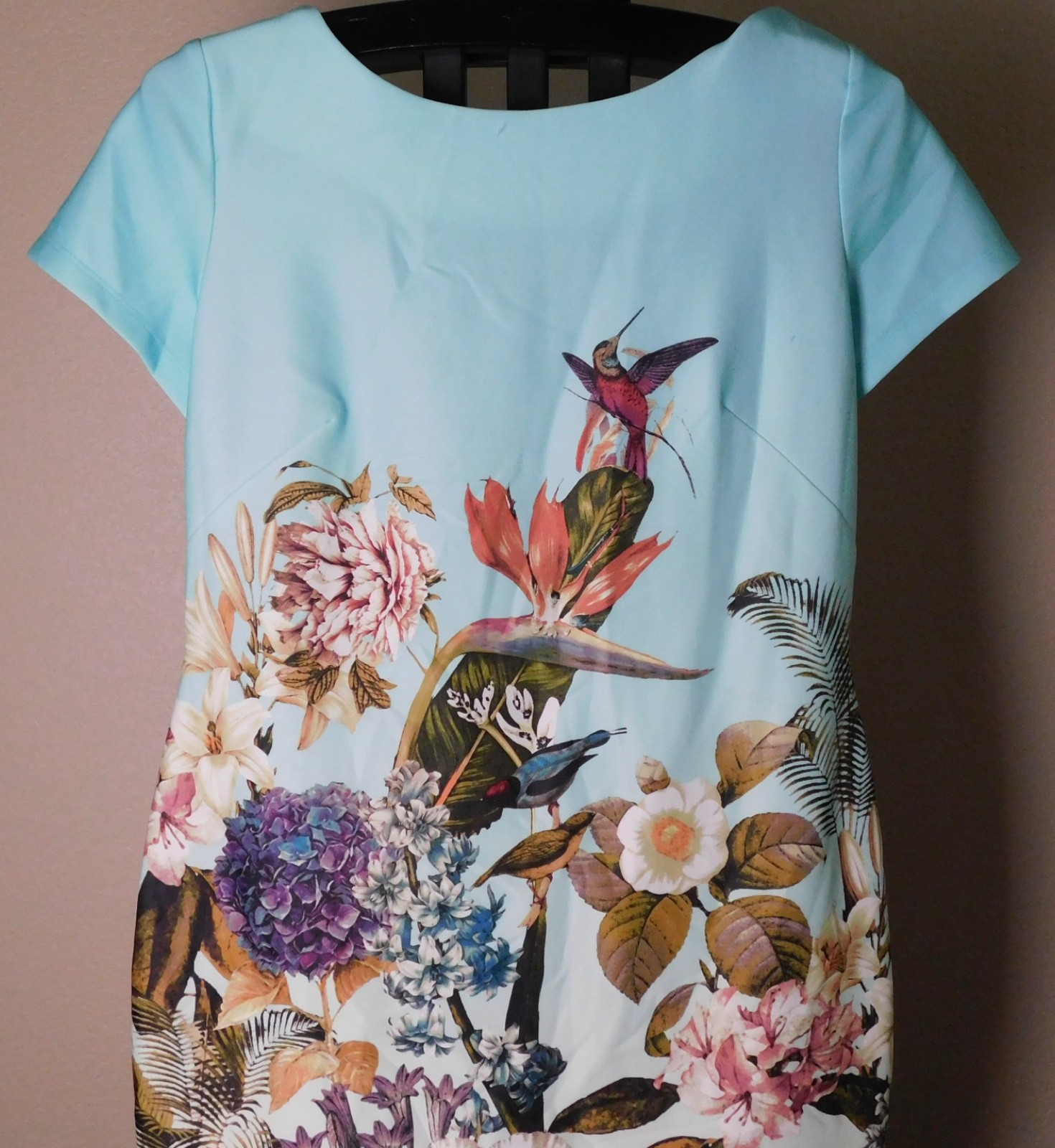 DB Established 1962 Aqua Botanical Bird Print Shift Dress Size 16 NWT Zip Back