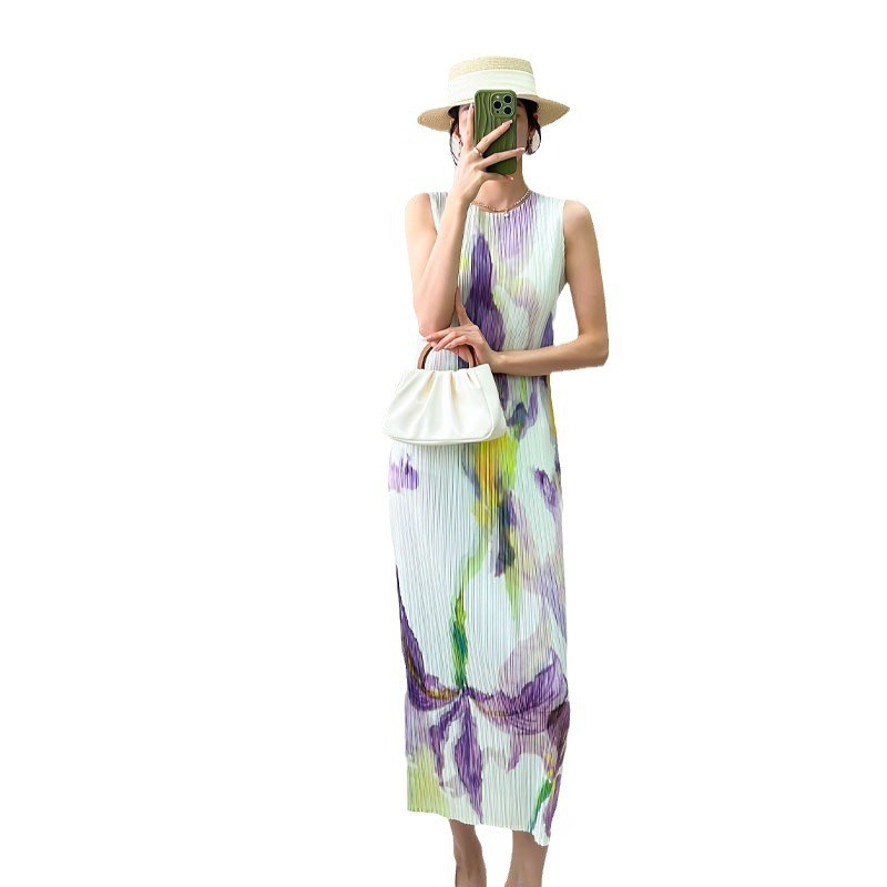 Women’s Watercolor Floral Print Long Tank Dress ﻿Sleeveless Pleated Maxi Dress
