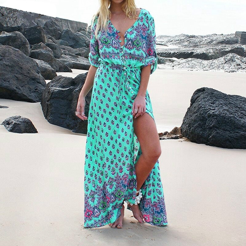 Women Sexy Floral Maxi Boho Long Sundress Beach Dress Cover Skirt Cocktail Party