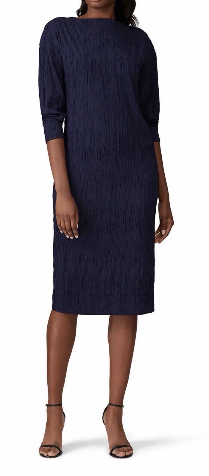 M.M.LaFleur Navy Plissé Crinkle Midi Dress – Wrinkle-Resistant Bateau Neck Sz XS