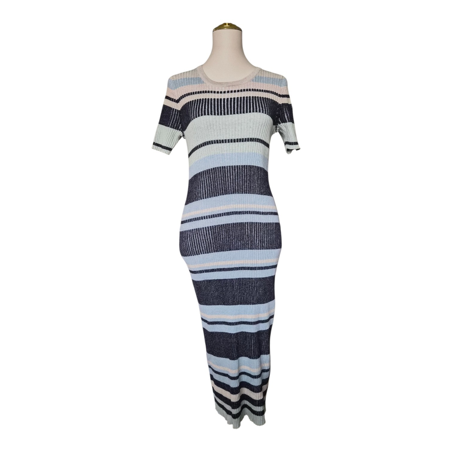 Stitches & Stripes Ribbed Knit Maxi Dress Size L Blue Stripe Short Sleeve NWOT