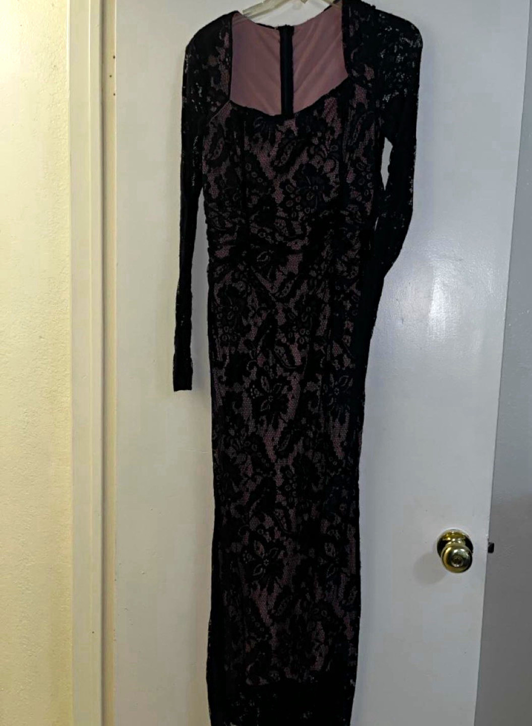 SHEIN Black Lace Floral Bodycon Maxi Dress, Square Neck Sheer Ruched L