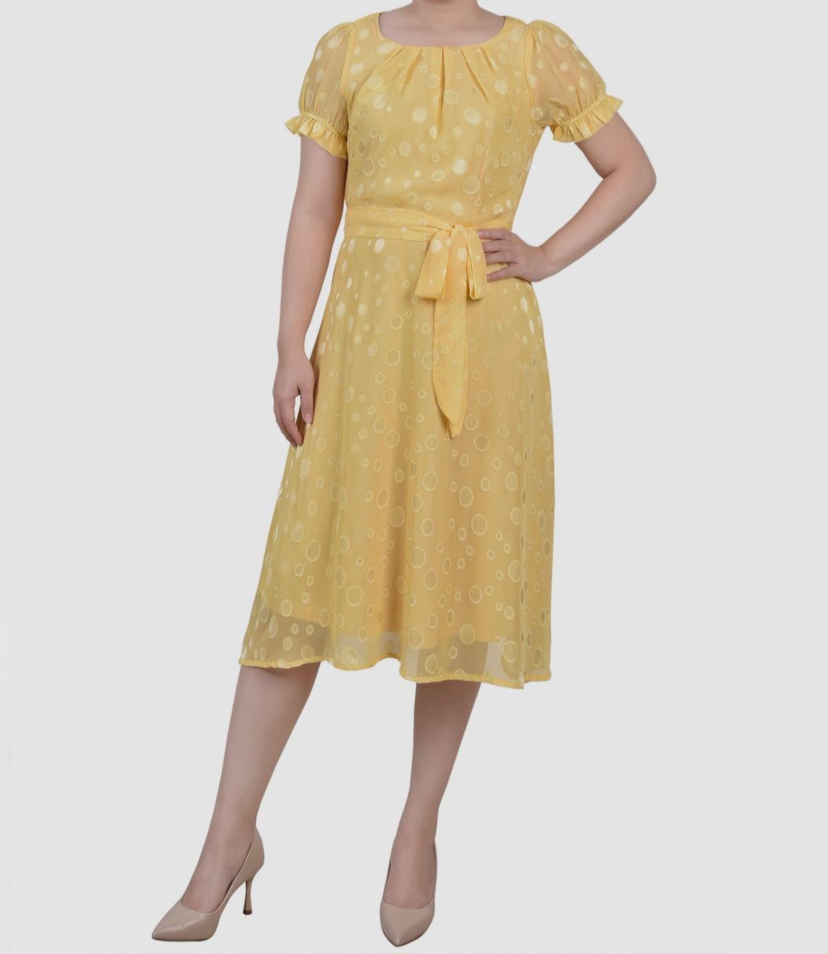 NY Collection Women’s Yellow Swiss Dot Scoop Neck Self-Tie Petite Dress Size PM