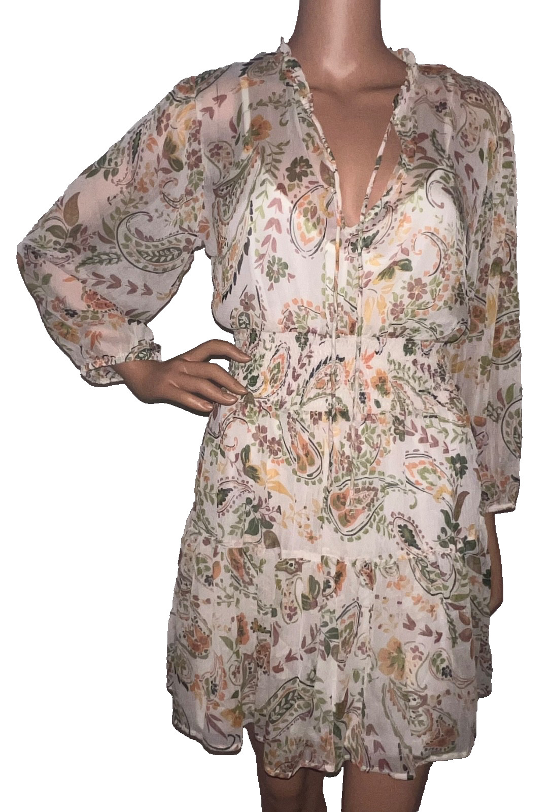 STRADIVARIUS SHEER FLORAL BOHO SHORT TIER DRESS LONG SLEEVE SIZE LARGE