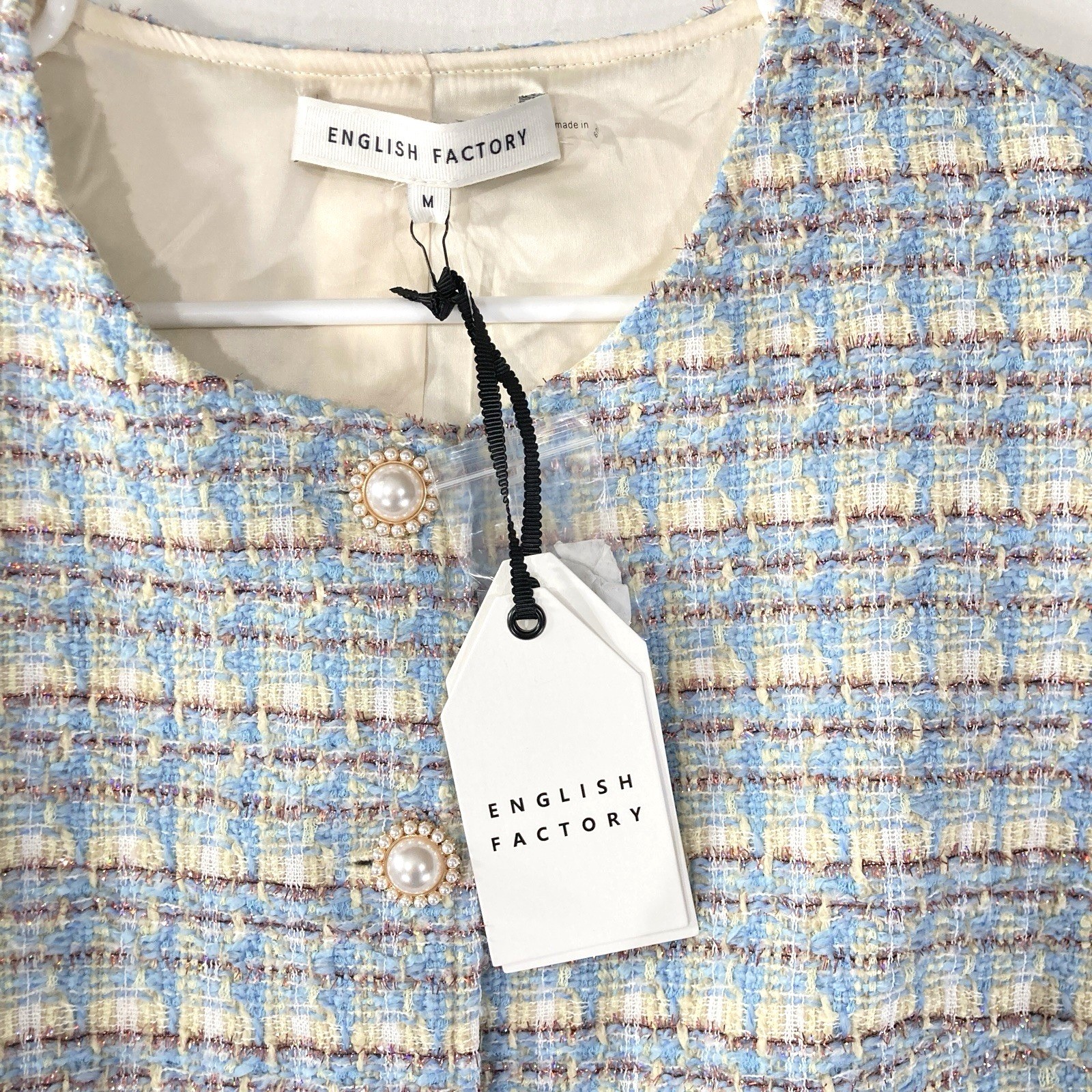 Euro Wool Tweed Pearl Button Front Woven Baby Blue Retro Dress Womens M NWT $140