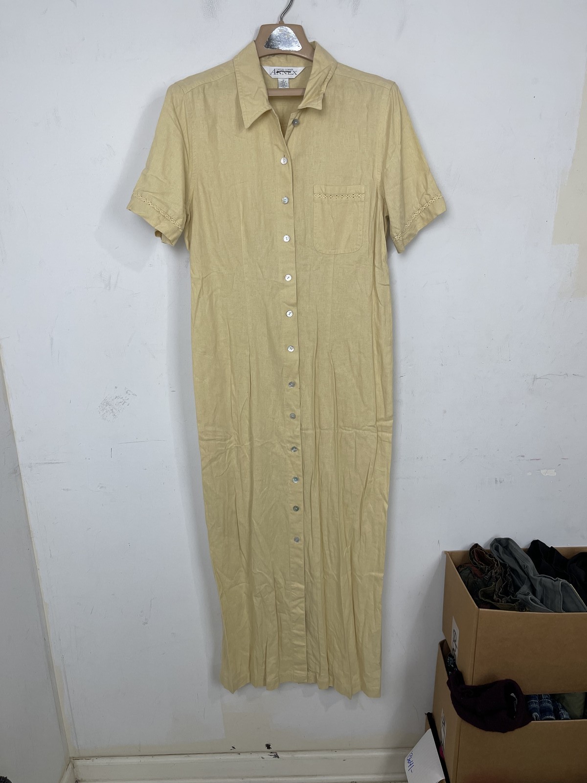 Casual Corner Annex Womens 14 Tan Linen Rayon Blend Short Sleeve Maxi Dress