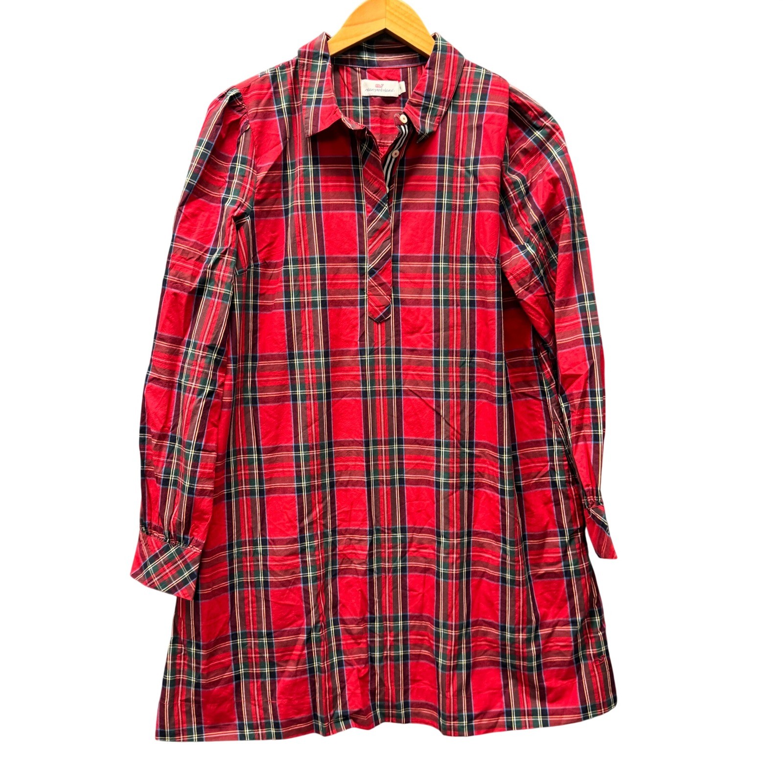 Vineyard Vines Dress Womens Medium Plaid Red Preppy Cotton Popover + Pockets