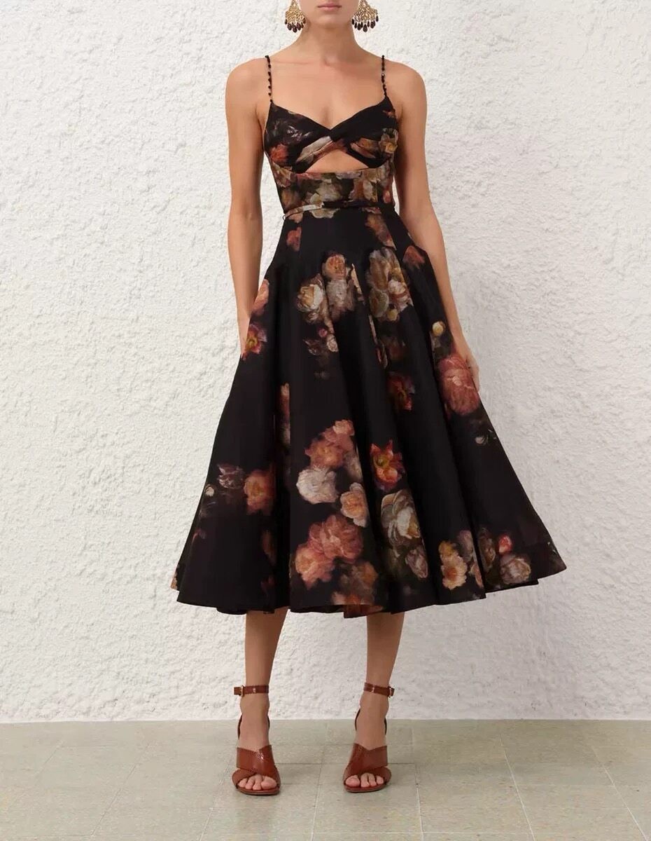 NWT Zimmermann 2026 Spring Summer Resort New Black Floral Cami Swing Midi Dress