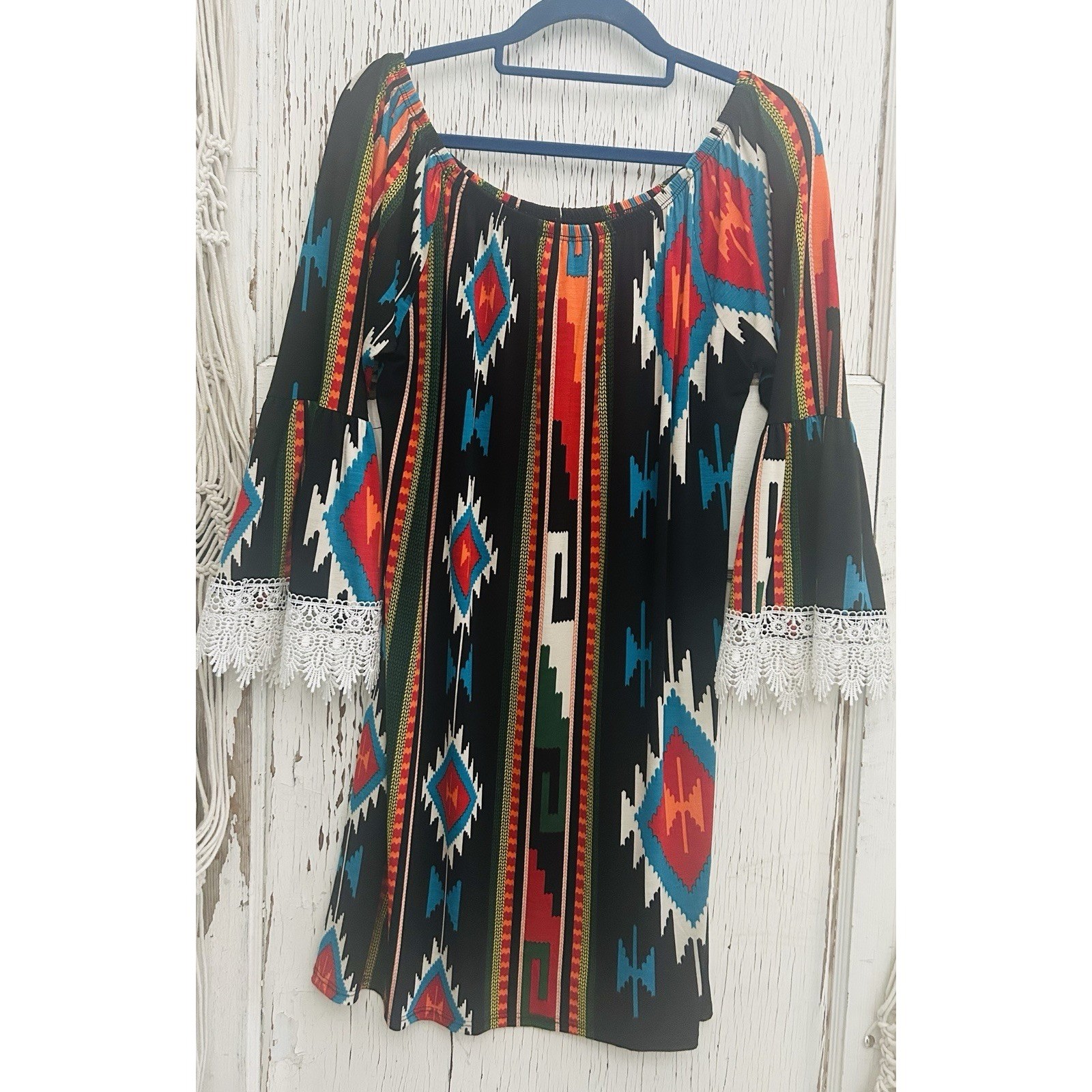 R. Rouge Womens Multicolor Aztec Bohemian Bell Sleeve Tunic Mini Dress