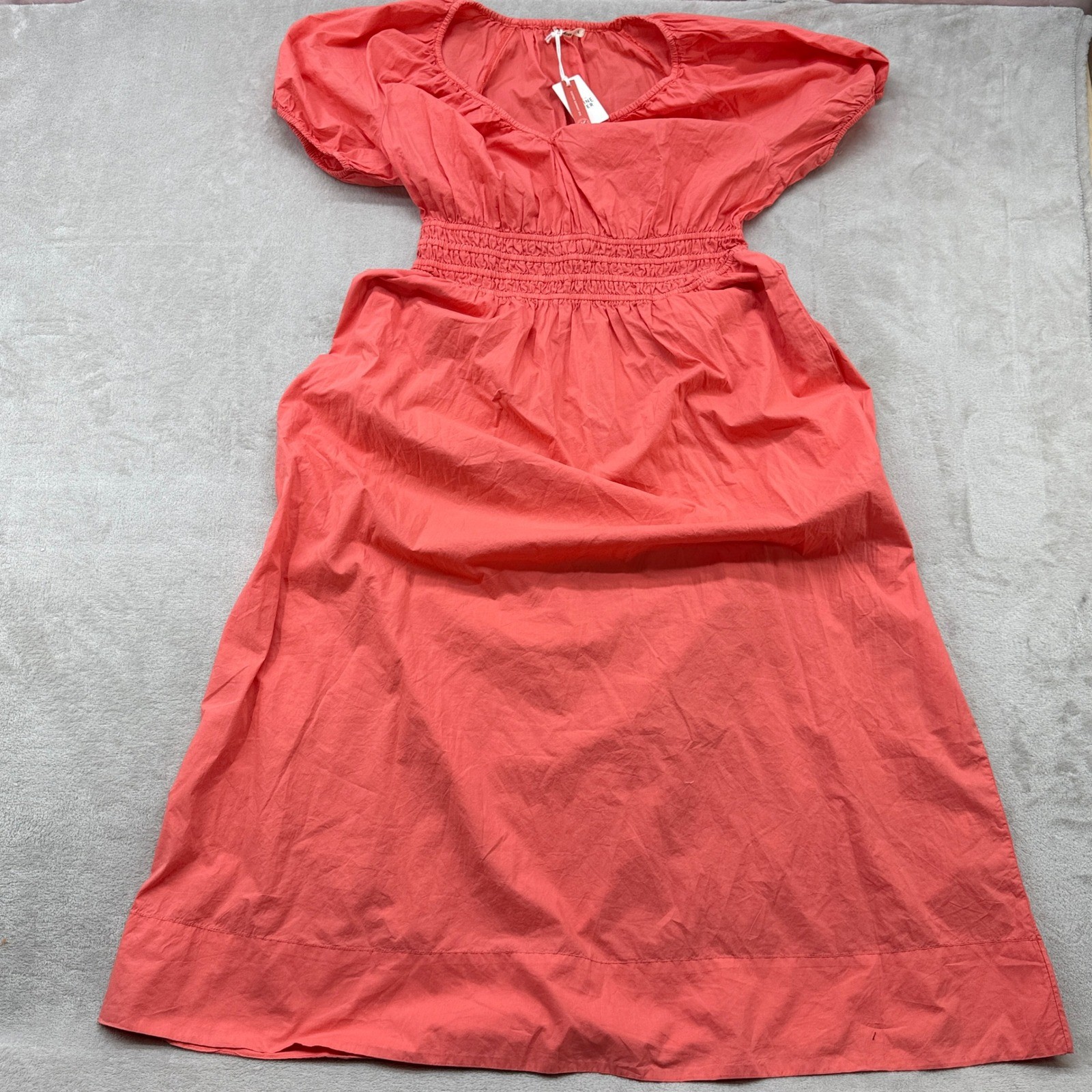 Marine Layer Emery Poplin Midi Dress Women Large Coral Smocked Pima Boho Coastal