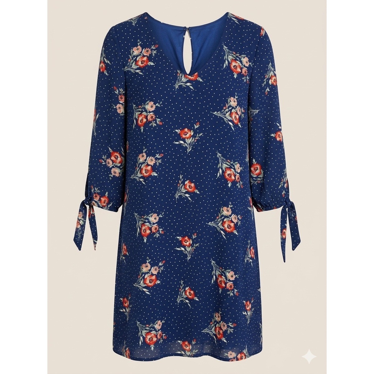 Flowy Navy Blue Floral Polka Dot Tie Sleeve Shift Dress M Feminine Garden Loose