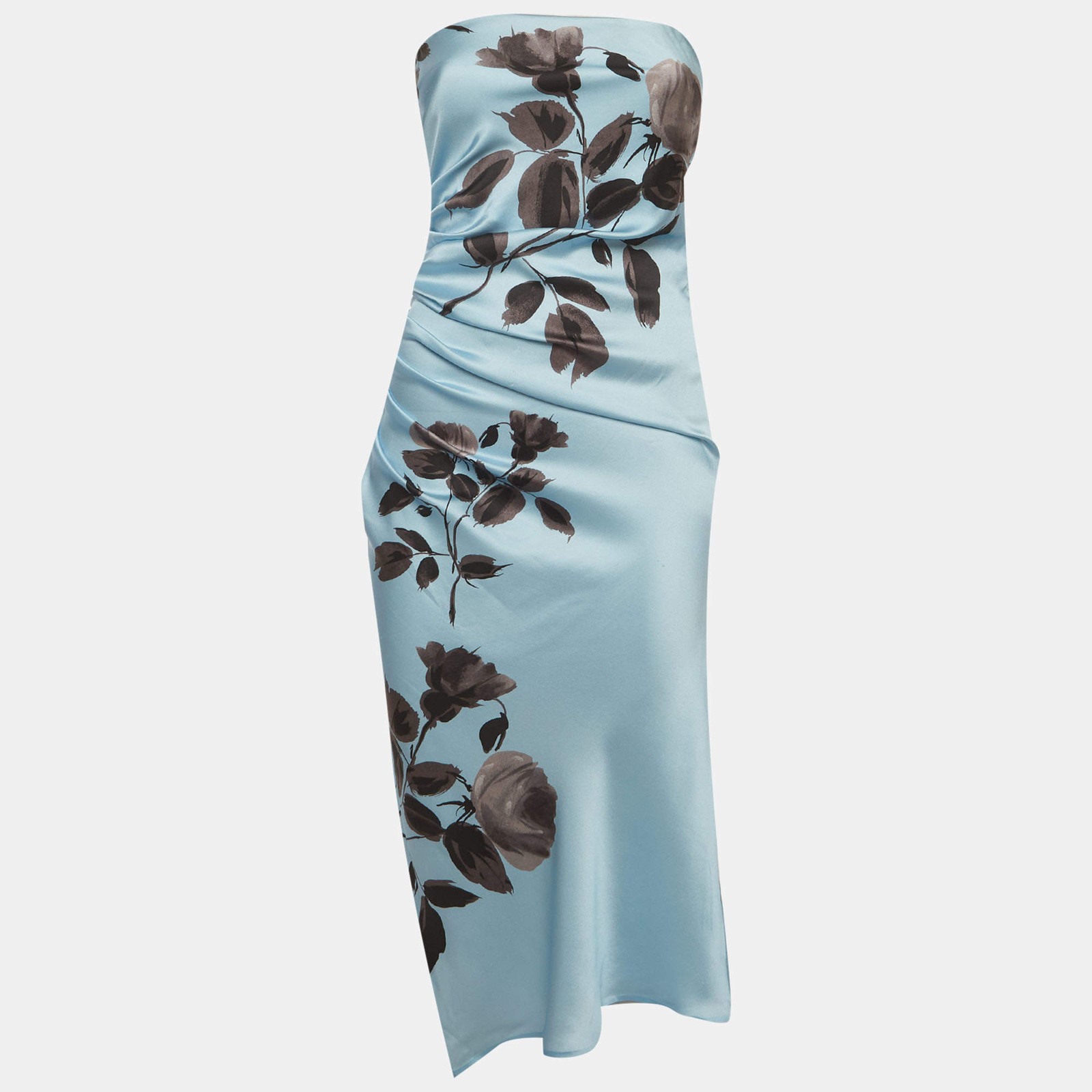 Magda Butrym Blue Floral Print Satin Strapless Ruched Midi Dress S