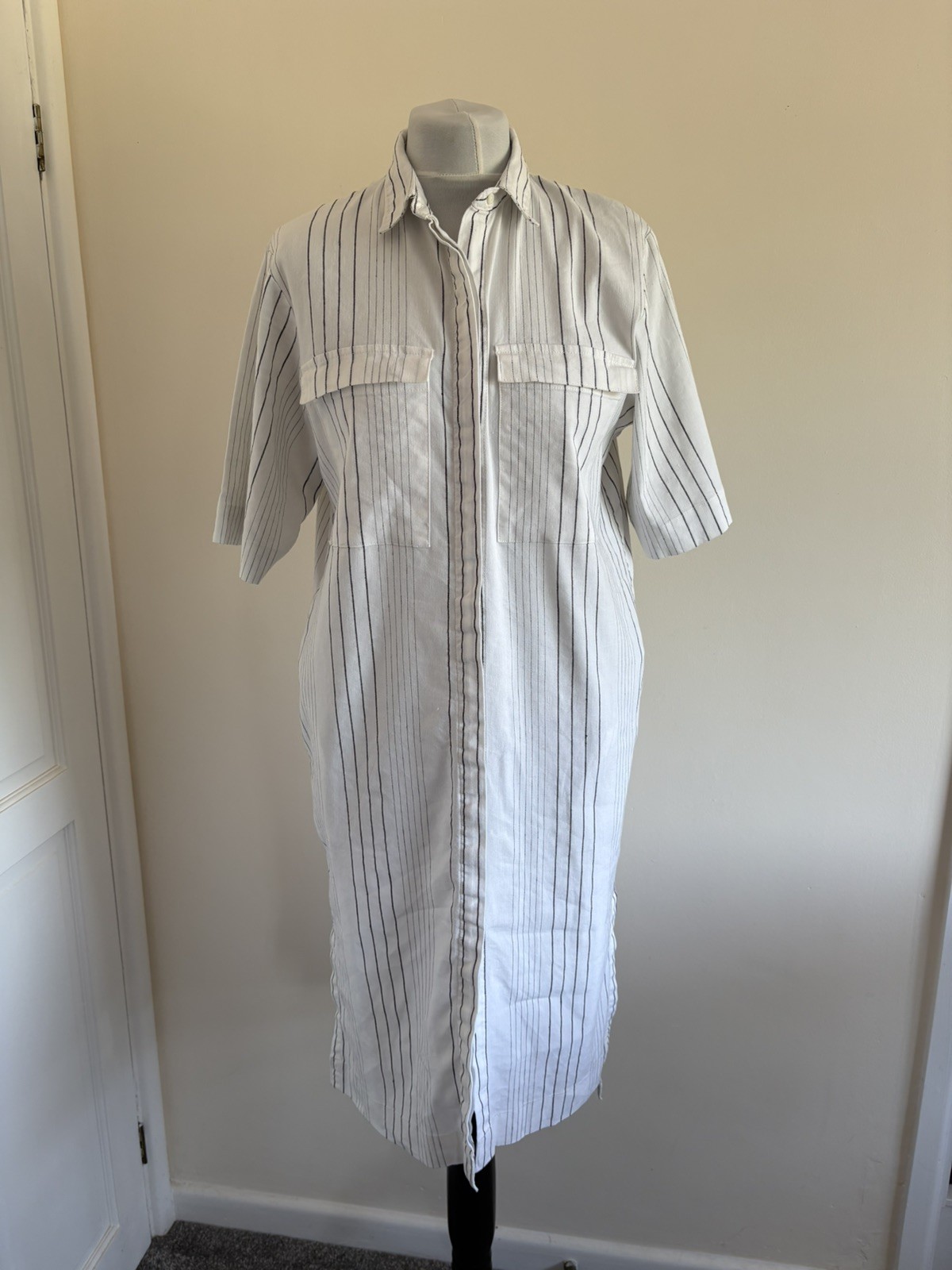 Autograph M&S White Pinstripe Linen Blend Summer Shirt Midi Dress UK 10 VGC