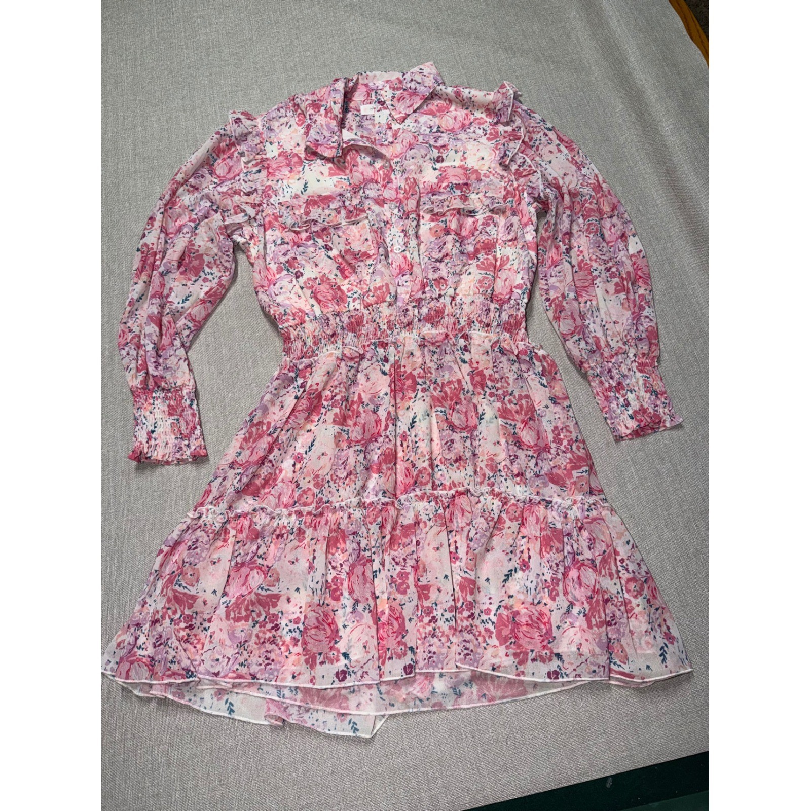 SweetHoney Pink Floral Smocked Waist Ruffle Mini Dress Womens Size Med Long Slv