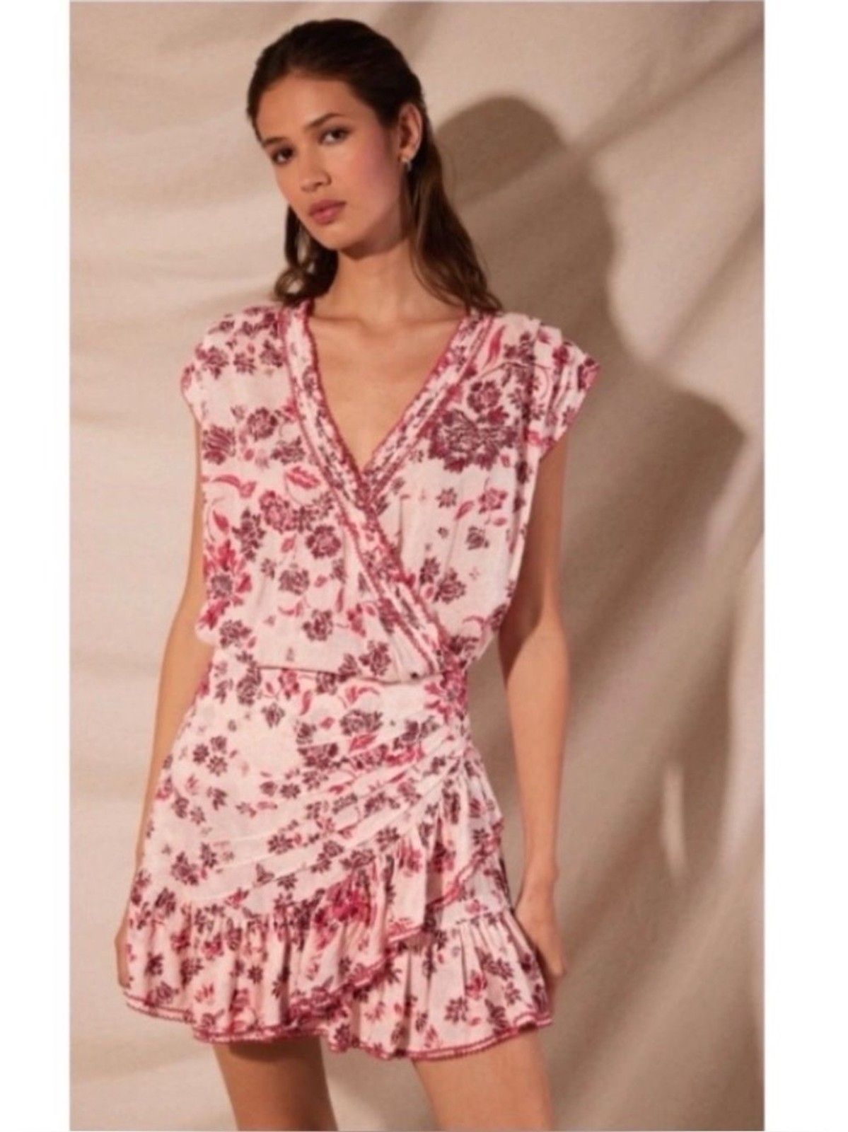 Poupette St Barth “Estelle” pink & white floral minidress crochet trim M