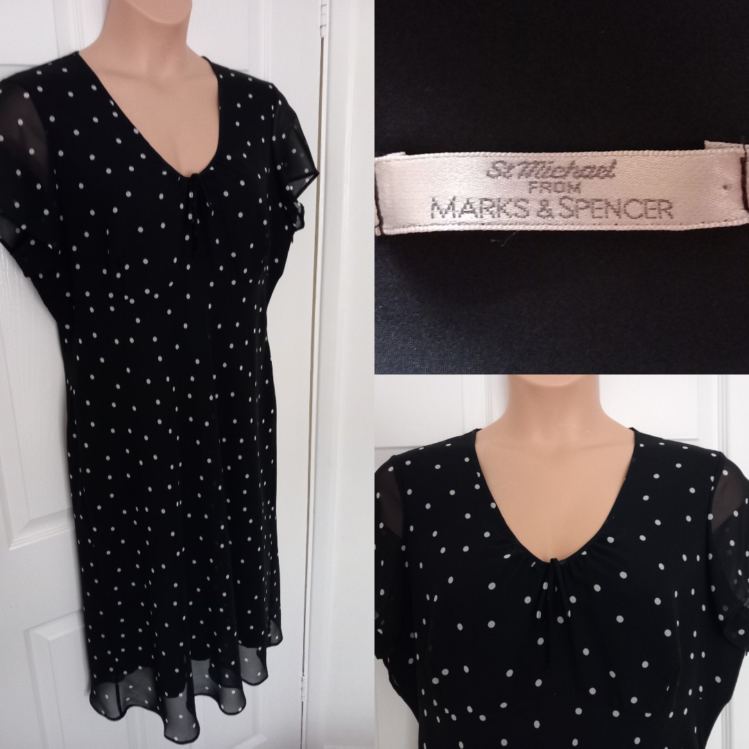 St. Michael Marks & Spencer Black Polka Dot Sheer Dress UK 20 Vintage ’96