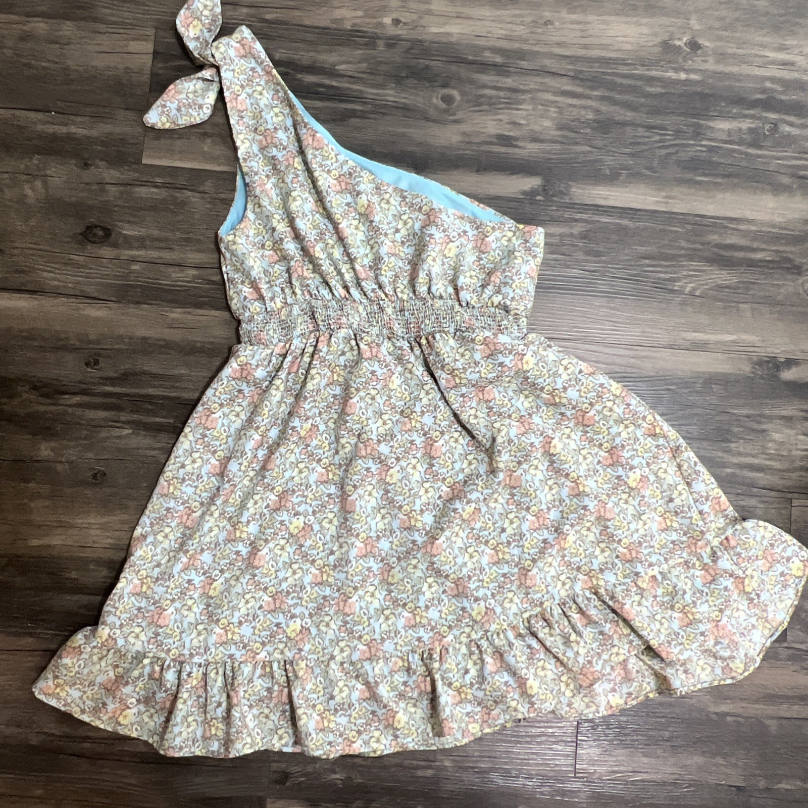 Altar’d State Medium One Shoulder Floral Mini Dress Smocked Waist Ruffle Hem
