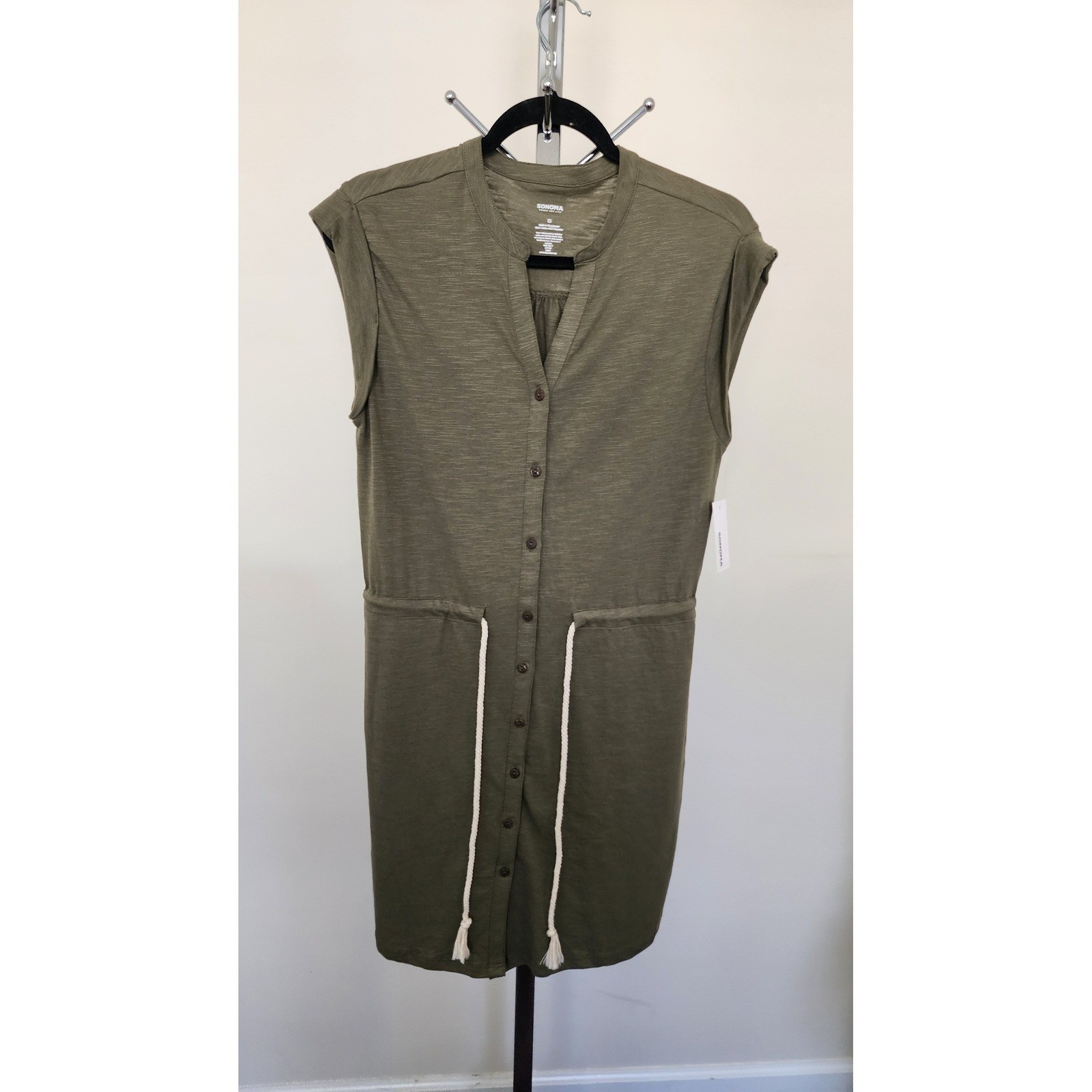 Sonoma Goods For Life Olive Green Button Front Slub Knit T-Shirt Dress Small NWT