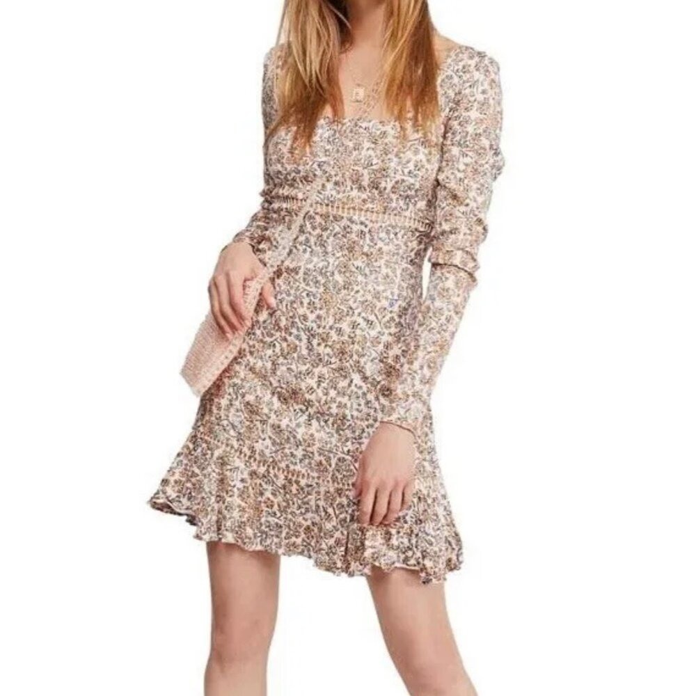 Free People BOHEME MINI DRESS Women Size 8 Dress Beige Yellow Floral NWT $128