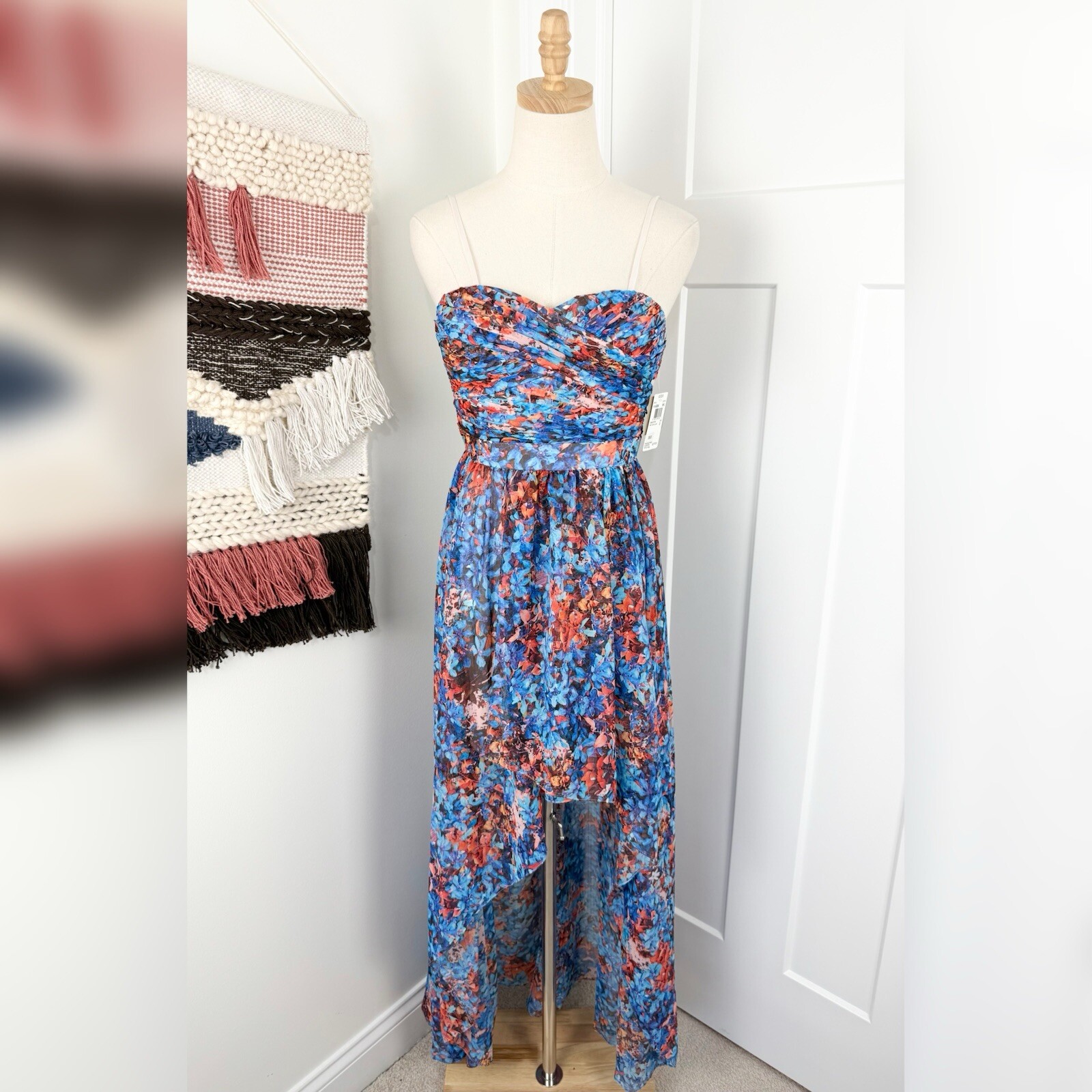 Aidan Mattox Floral Chiffon High Low Maxi Dress Blue 0 NWT Strapless Watercolor
