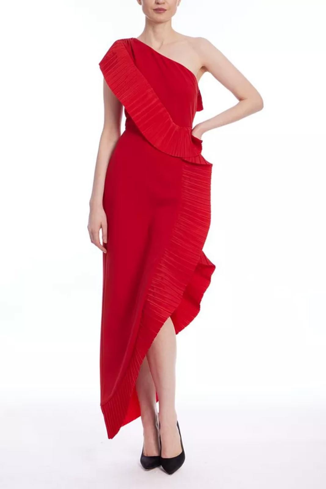 One33 Social Badgley Mischka One-Shoulder Ruffle Mercer Gown $450 Red sz 8