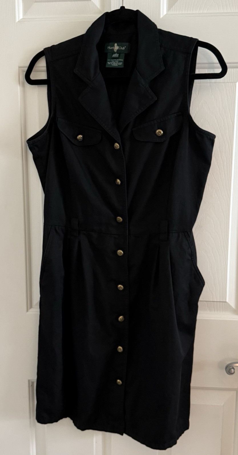 Vtg Hunt Club Shirt Dress Size 12 Black Sleeveless Classic Button Up Knee Retro