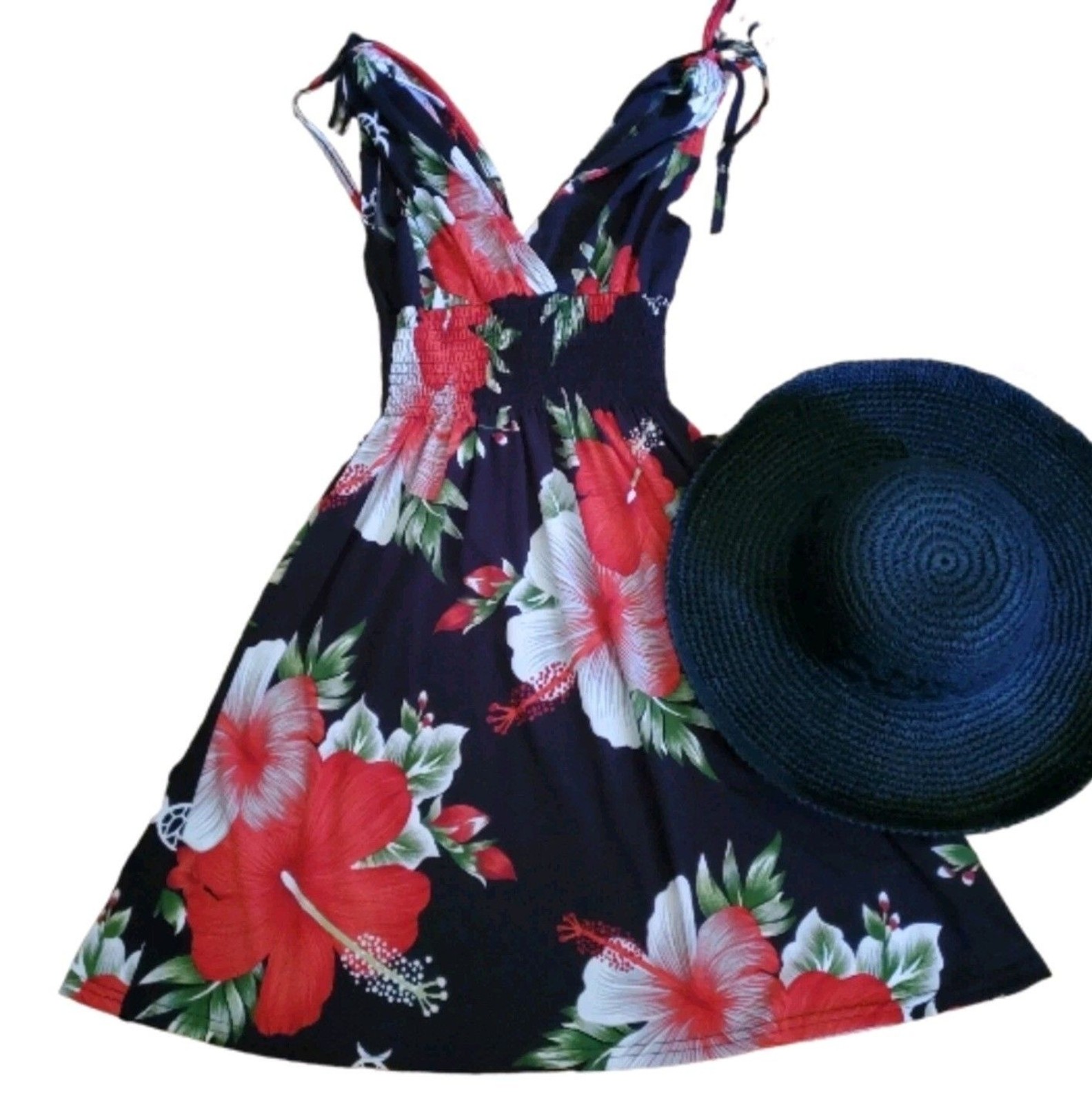 Boho Tropical Floral Beach Mini Dress S Smocked Empire Waist V-Neck Shoulder Tie