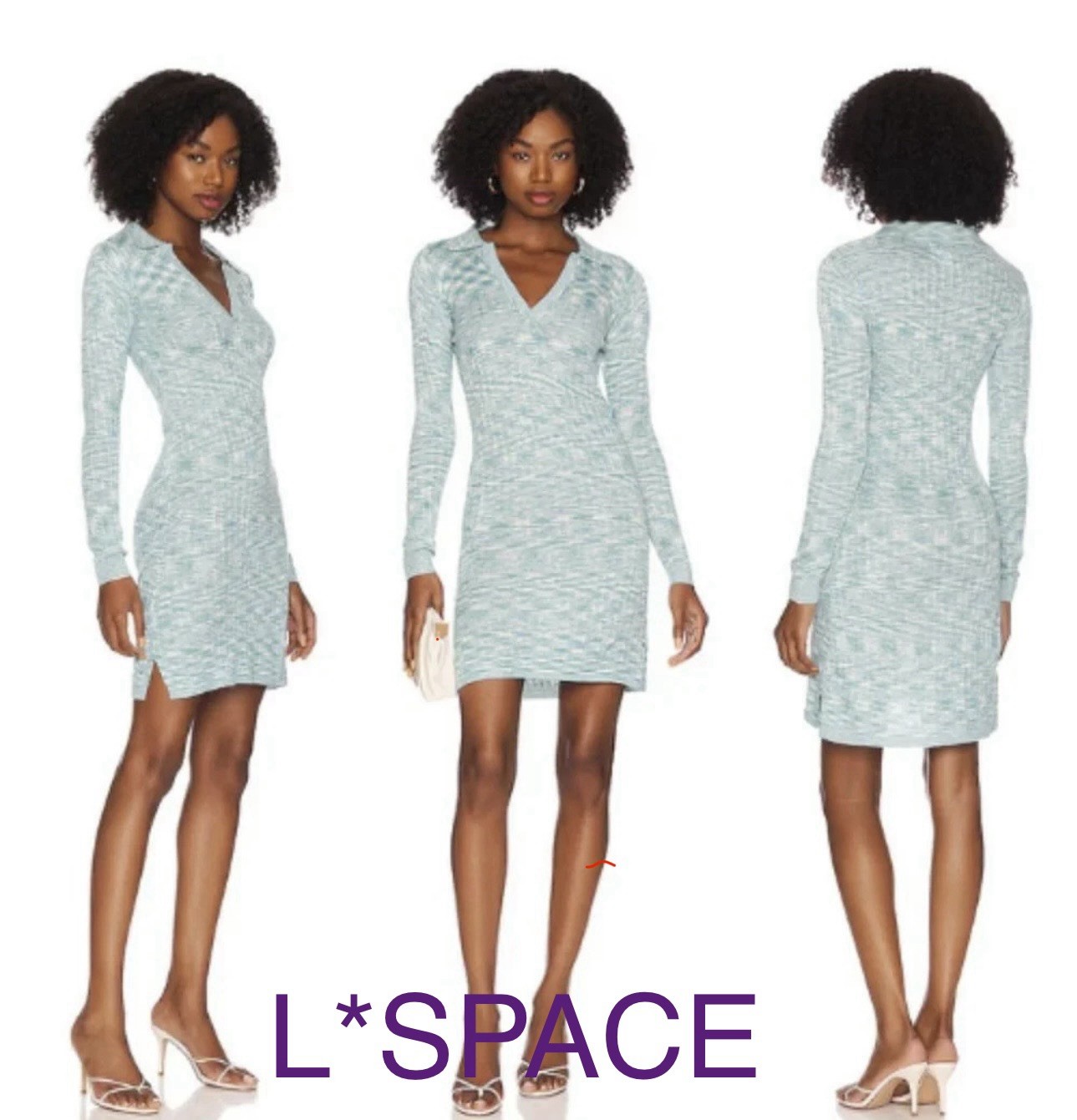 L*Space Aria Blue/White Heather Knit Stretch V-Neck Collared Mini Dress Size L