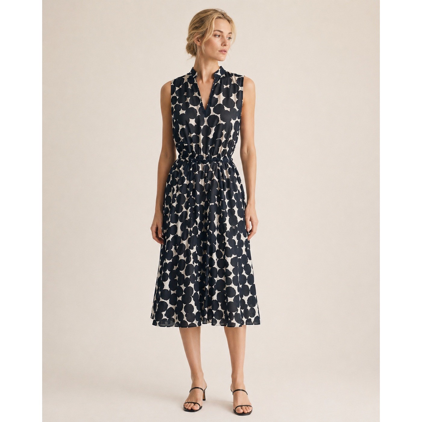 Anne Klein Womens Polka Dot Sleeveless Drawstring Waist Midi Dress Black Size 2
