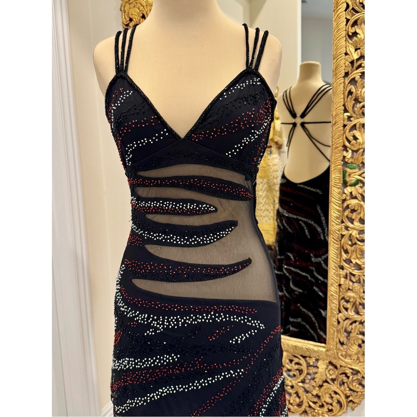 Black intricately hand beaded Sequin Mesh Maxi Dress with Double Straps stretch