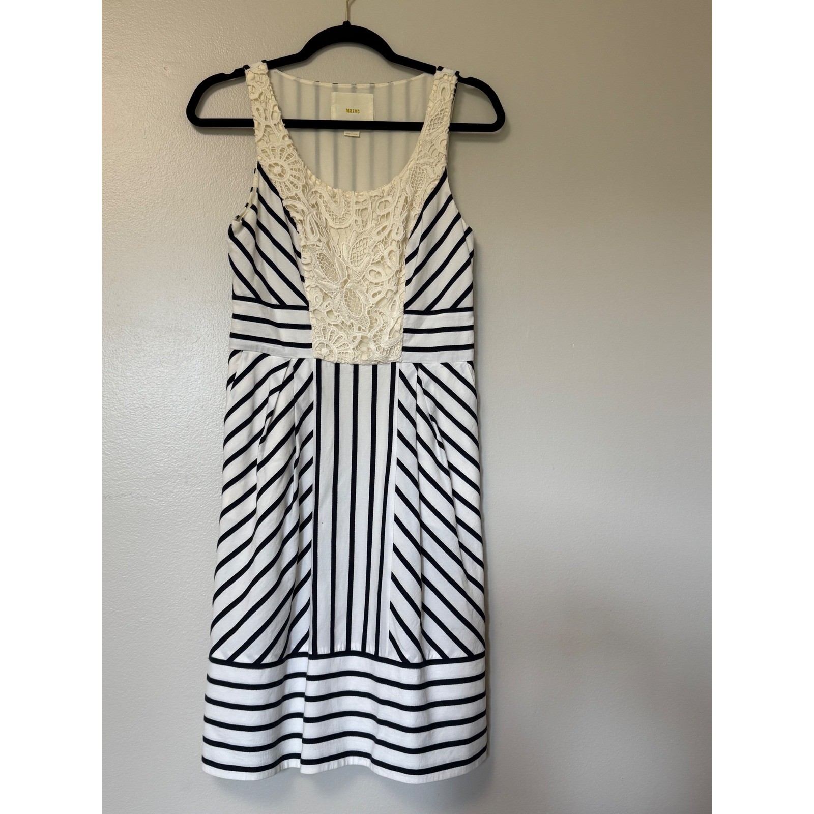 Maeve Anthropologie Striped Lace Bib Dress Navy White Sleeveless Cotton Size 4