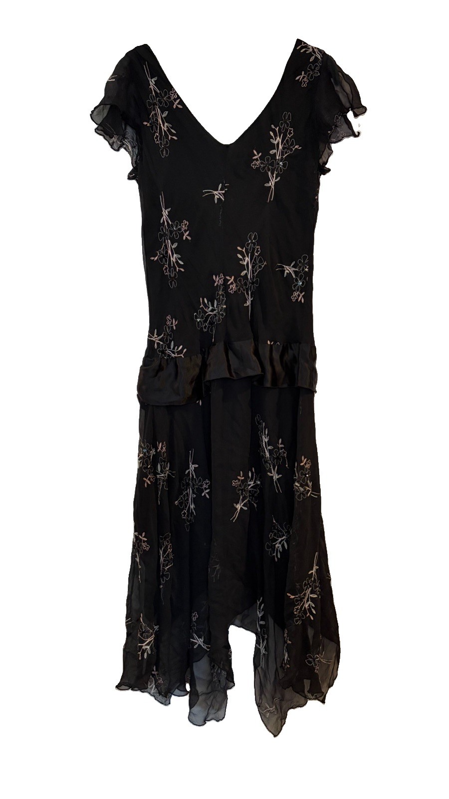 Jonathan Martin Dress Black Floral Embroidered Silk Handkerchief Vtg Y2K Fairy