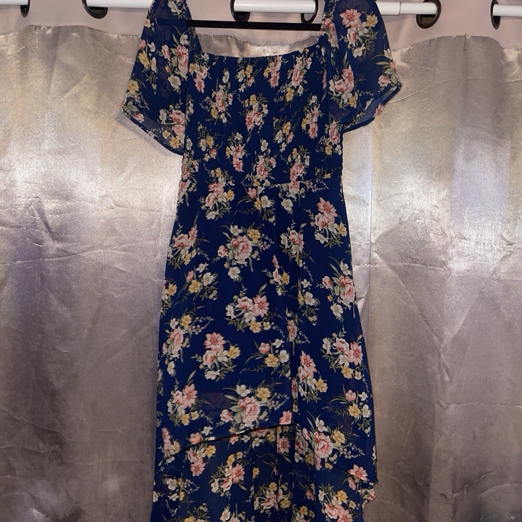 As U Wish Blue Floral Square Neck Puff Short Sleeve Maxi Dress M