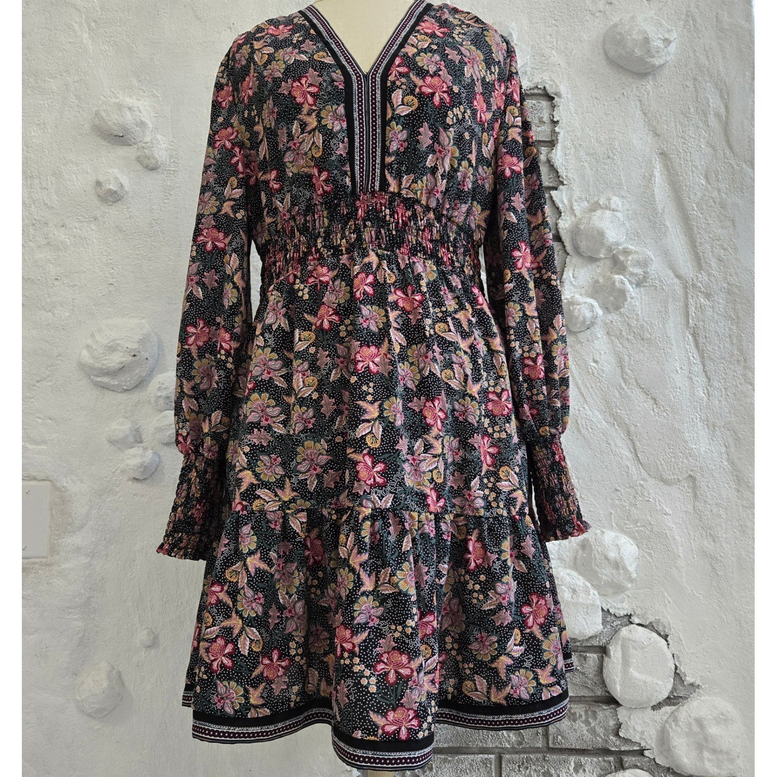 Melloday Floral Polka Dot Smocked Waist Tiered Midi Dress Black Pink Size L Boho