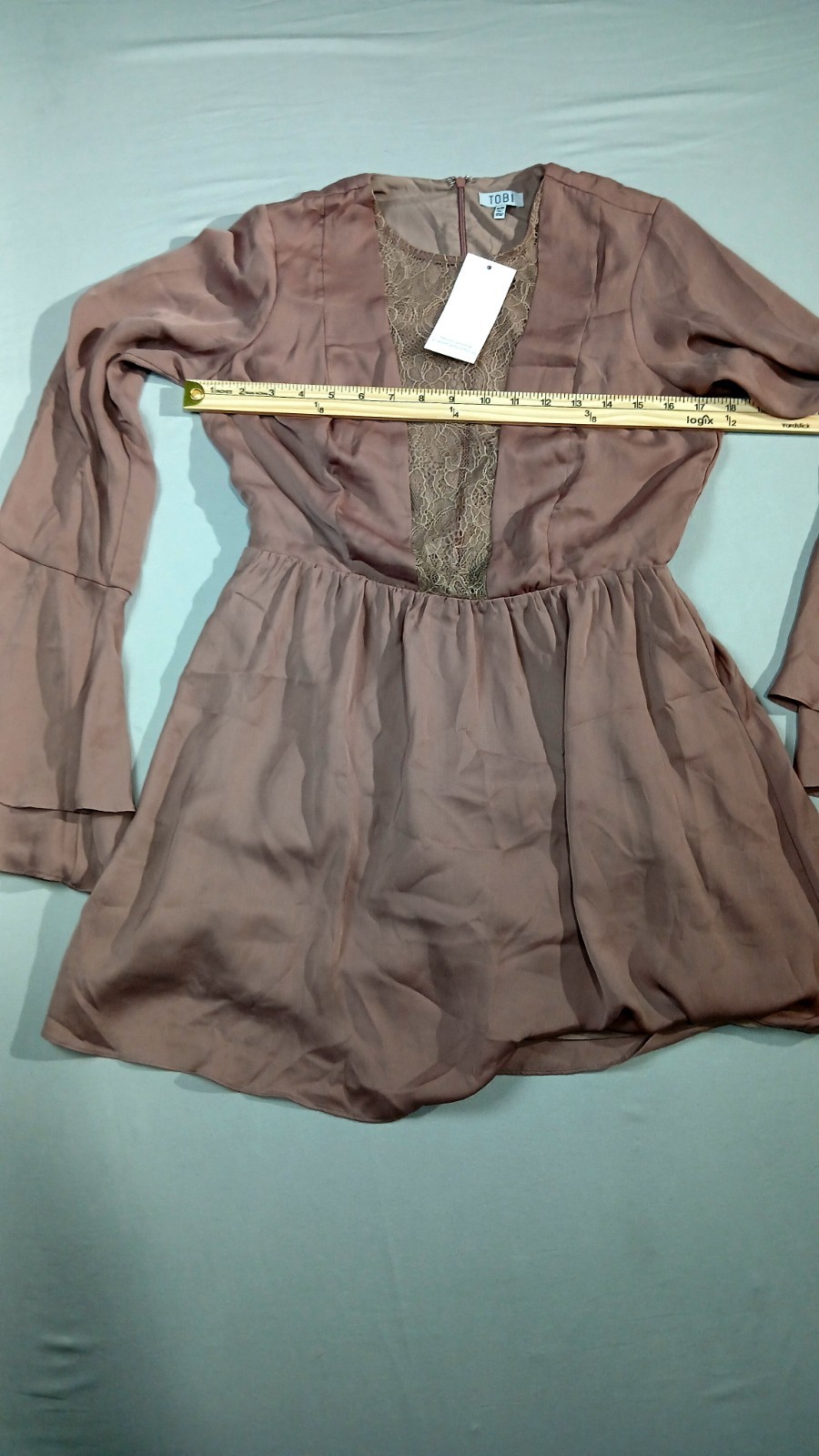 TOBI Lace Panel Bell Sleeve Mini Dress Womens M Mauve Blush Wedding Guest NWT