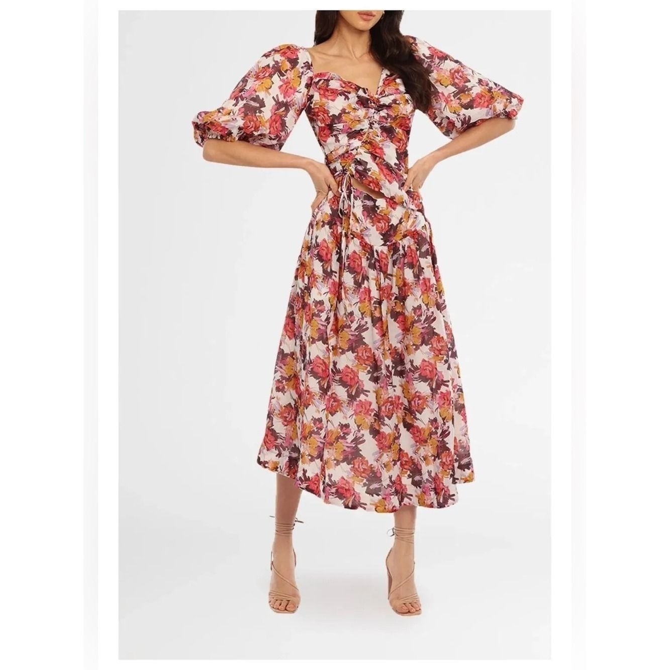 NICHOLAS Revolve Floral Puff-Sleeve Midi Dress NWOT Size 4