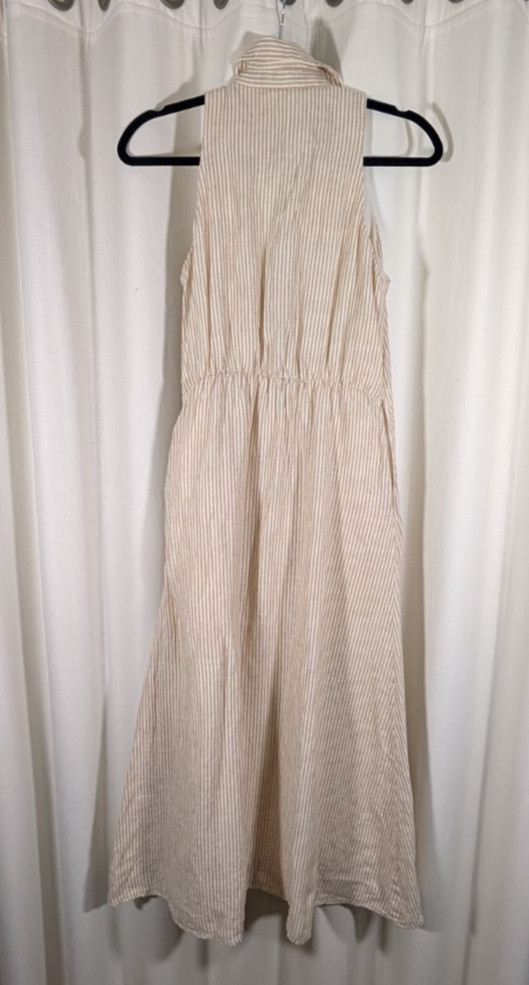 Magaschoni Sleevless Beige Striped 100% Linen Maxi Dress Button Down Sz XS 1122