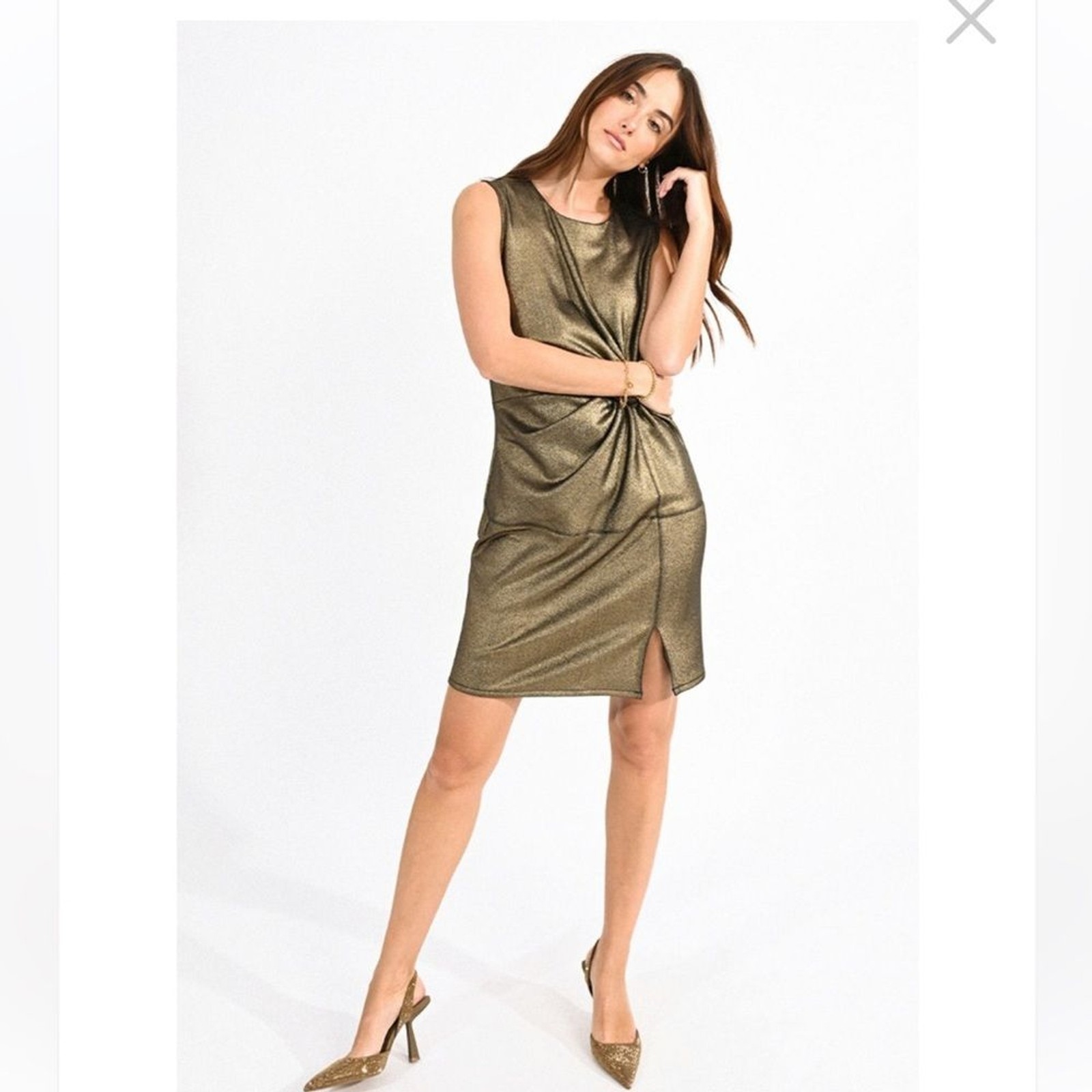 NWT Molly Bracken front tie twist mini dress small gold shimmer new years eve