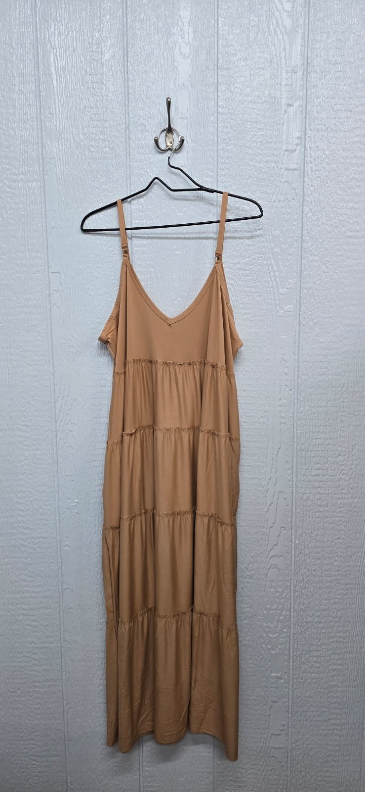 New 1X Zenana Outfitters Tan Tiered Spaghetti Strap Maxi Dress