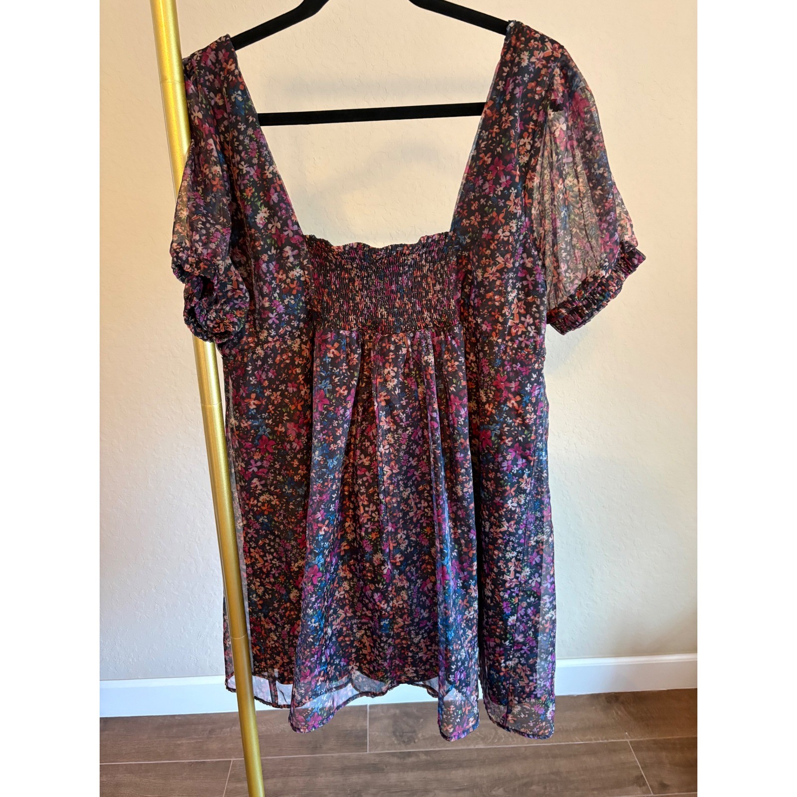 Wild Fable Floral Square Neck Puff Sleeve Mini Dress XL Smocked Fairy Garden