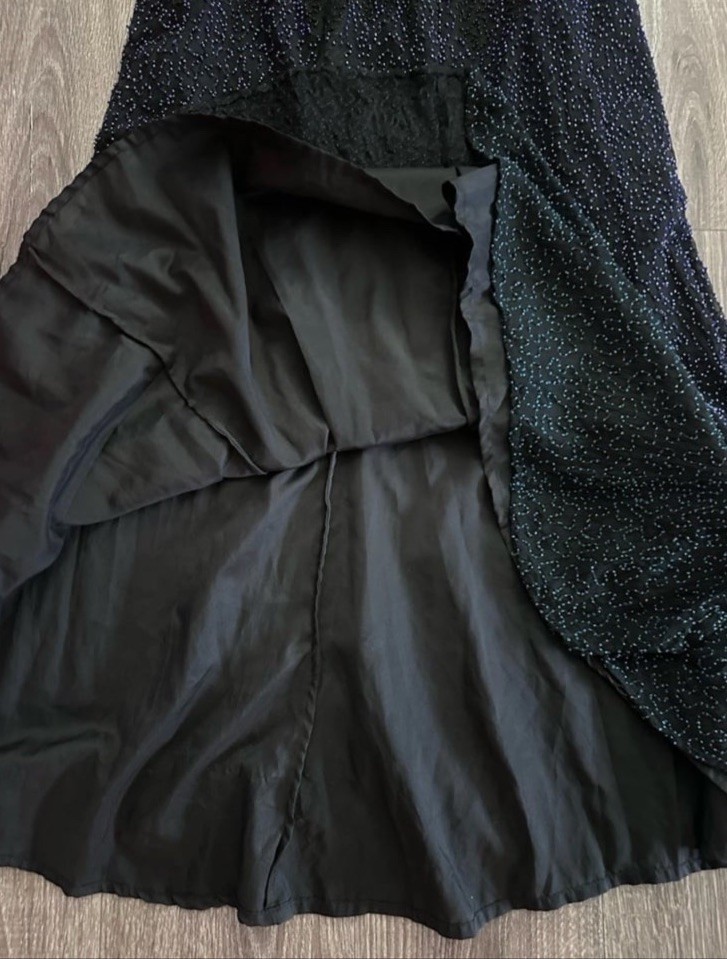 Cassandra Stone Fully Beaded Natural Silk Dress Sheer with Lining Black and Gold