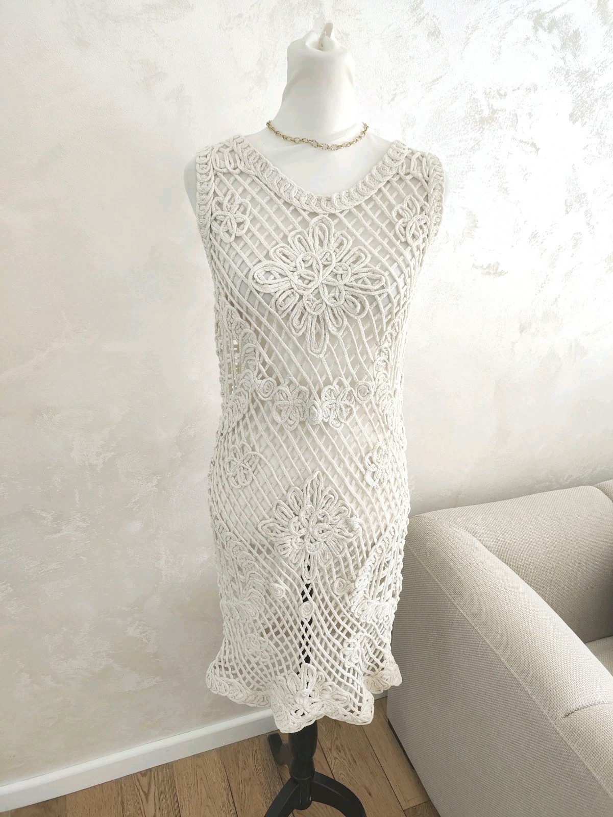 Midi Bodycon Dress Size 12 14 Womens Beige Summer Crochet Mesh Cotton