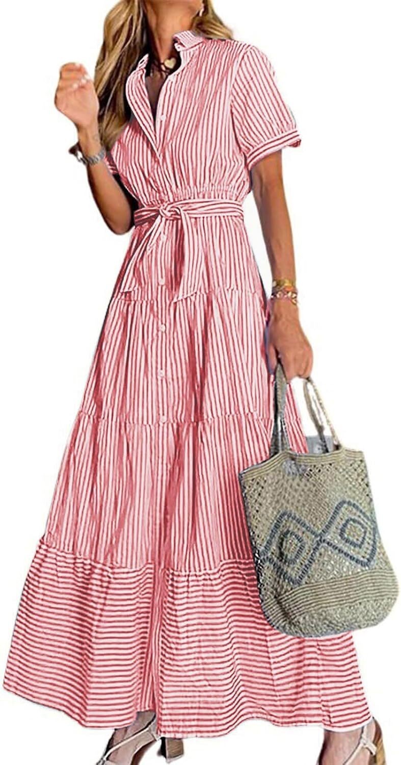 2025 Womens Short Sleeve Button Down Tie Waist Ruffled Striped Maxi Shirt Dress
