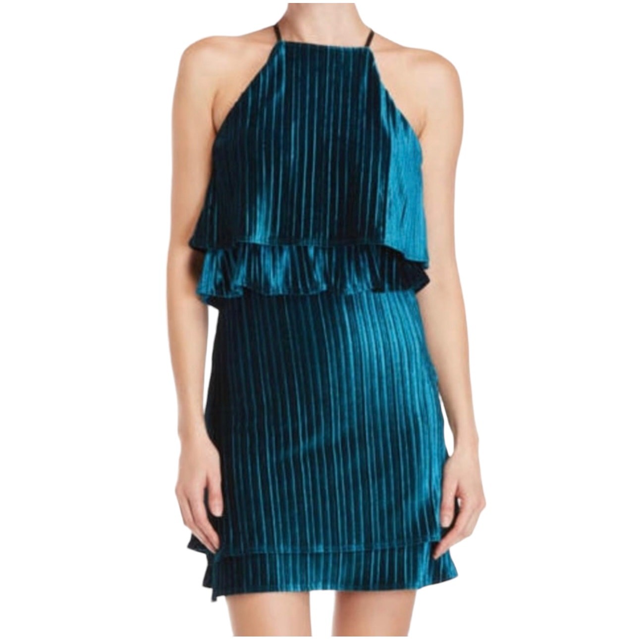 Likely Blue Velvet Halter Pleated Ruffle Cocktail Party Mini Dress New